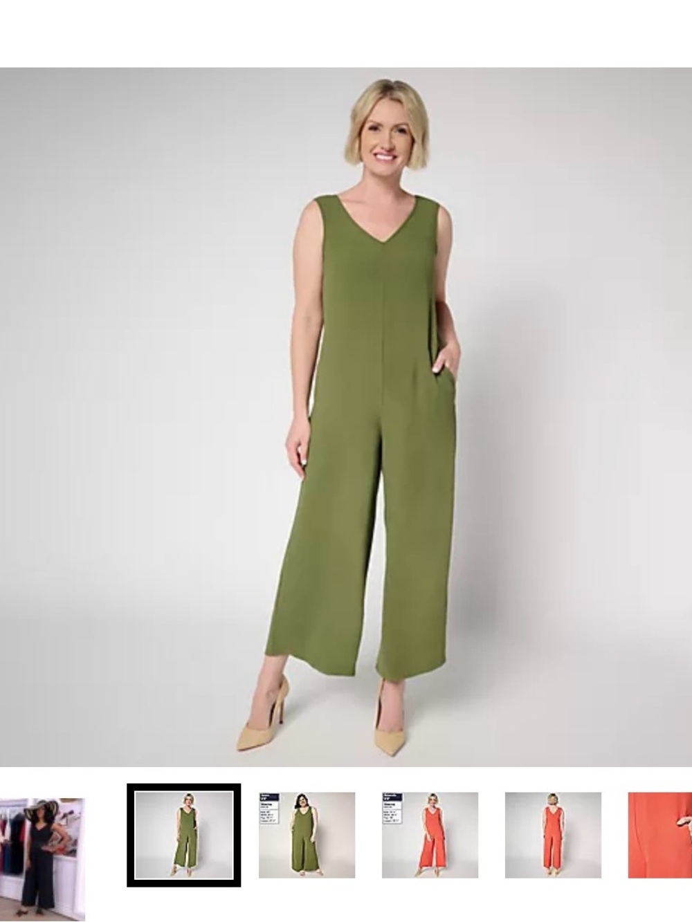 Sleeveless V-Neck Wide-Leg Jumpsuit in Olive Green (Bin 14)